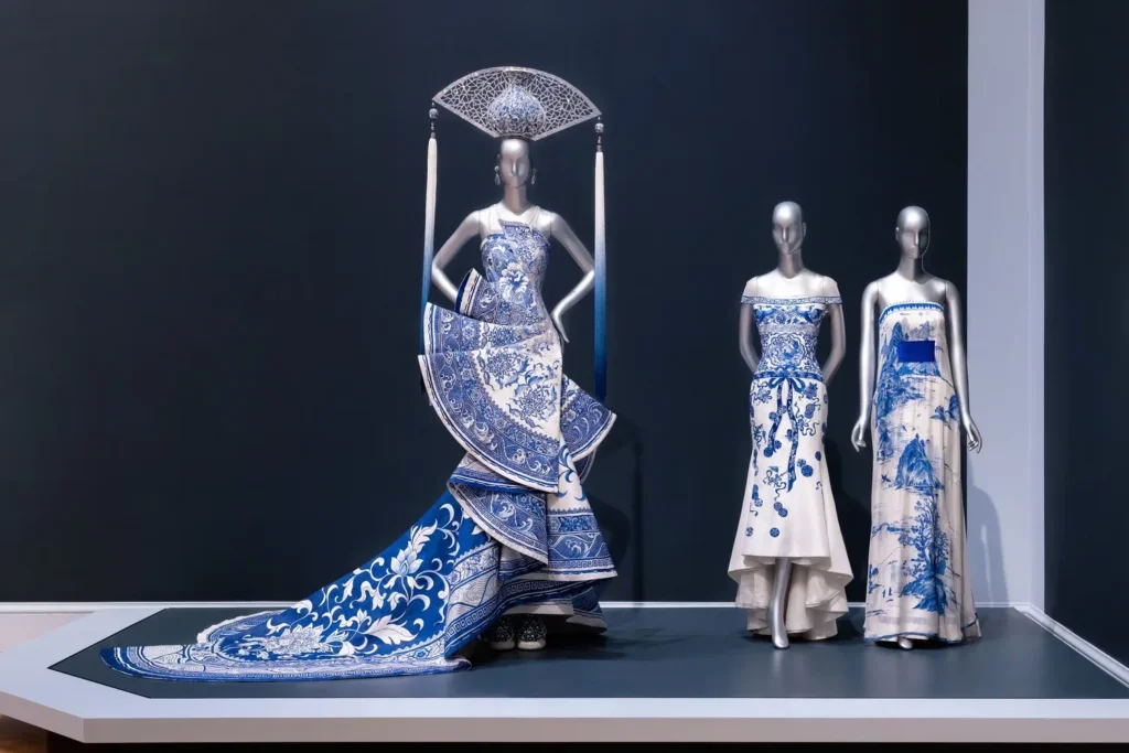 Blue and white couture gowns with porcelain-inspired patterns