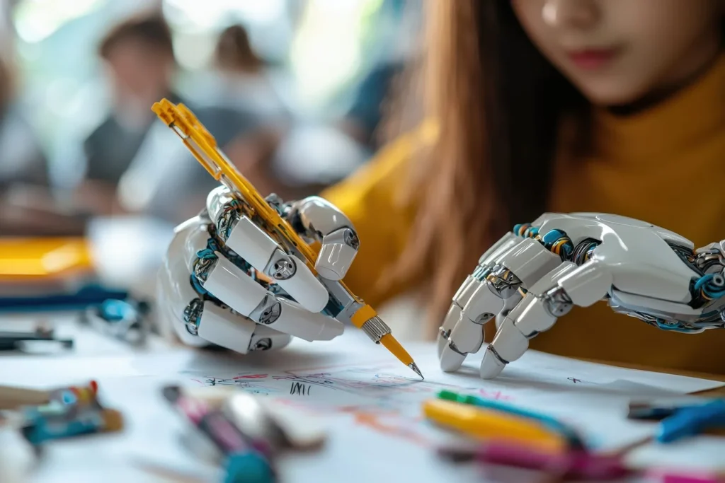 Robot hands holding a pencil and drawing on paper