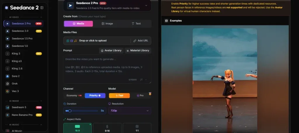 Seedance AI video generation interface with avatar preview