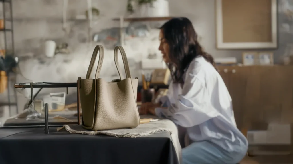 Beige leather tote displayed in a workshop setting