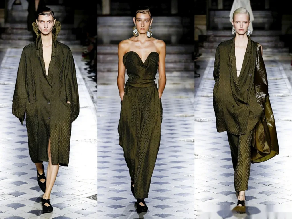 Three Uma Wang runway outfits in olive textured fabrics