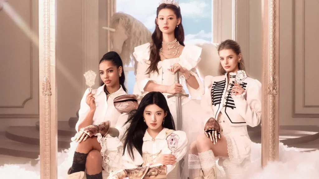 Four models in white fantasy outfits holding ornate beauty props