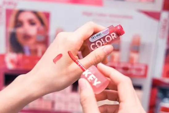 Colorkey lip tint being swatched