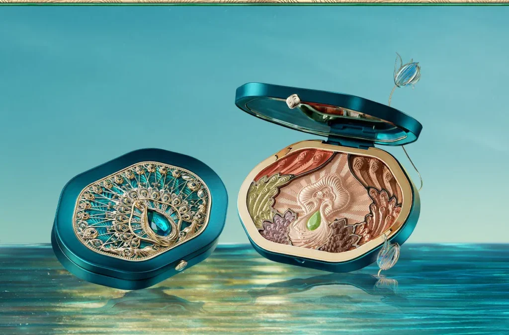 Florasis teal engraved face palette with peacock design