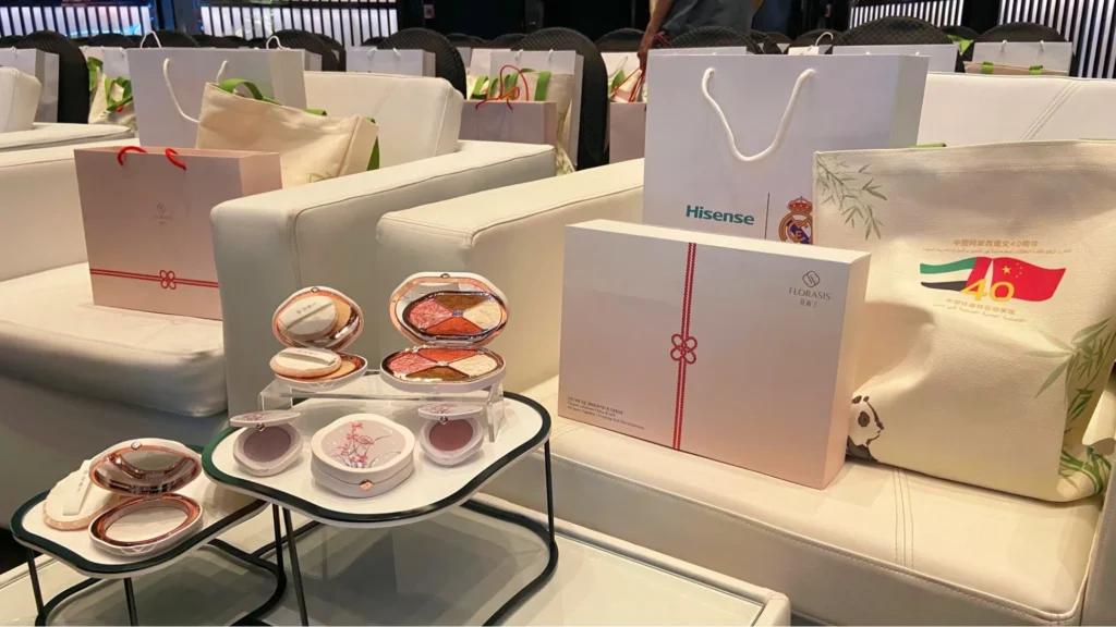 Florasis makeup and gift boxes displayed in lounge