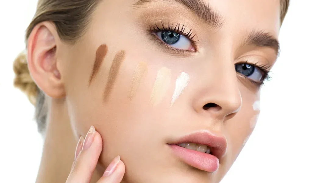 Model showing foundation shade swatches on cheek