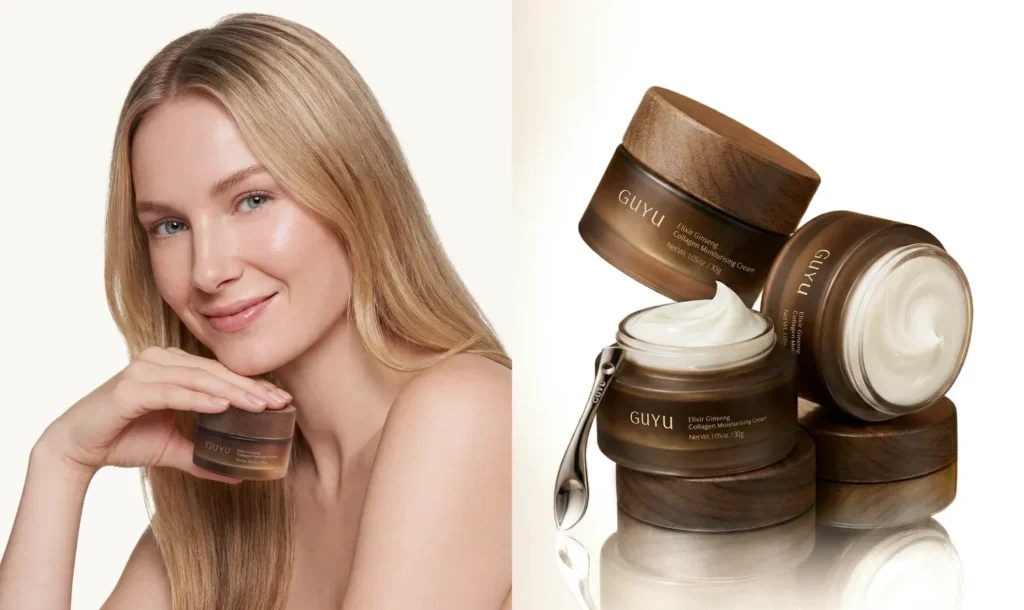 Guyu collagen cream jars shown beside a model holding the product
