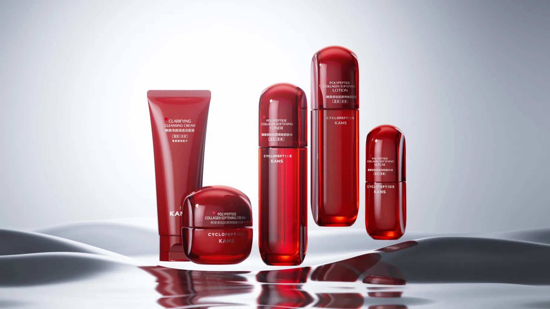 KANS red peptide skincare range with toner, serum, lotion, cream, and cleanser