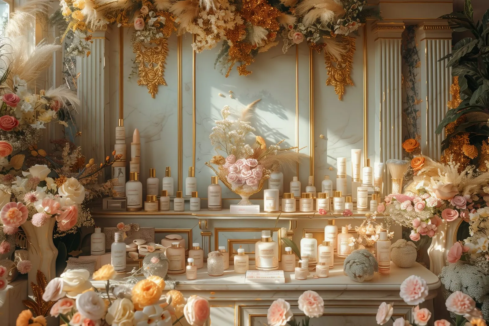 Elegant skin care product display with flowers and gold decor