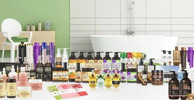 Wide range of bath, hair, and skin care products in a bathroom setting