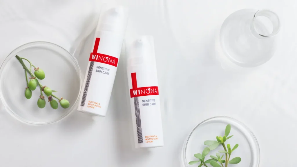 Winona sensitive skin care lotions placed with green botanical ingredients
