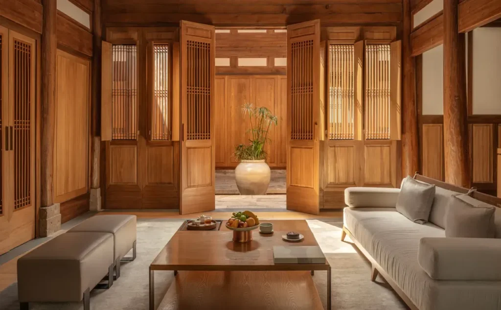 Restored wooden villa interior with traditional Chinese details