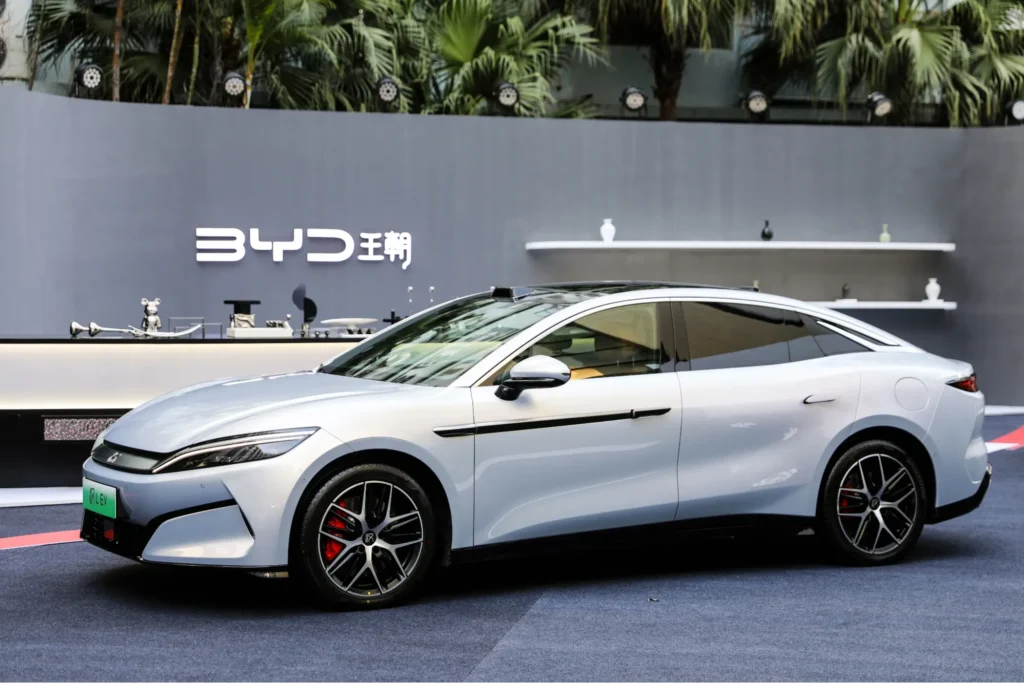 White BYD Seal electric car on display