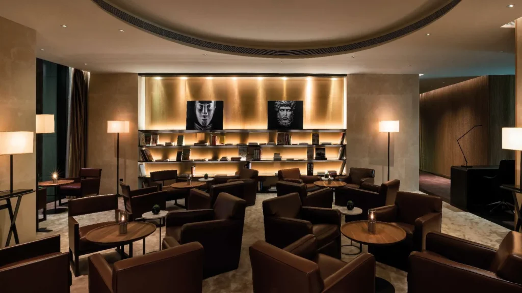 Elegant lounge with leather seating at the hotel
