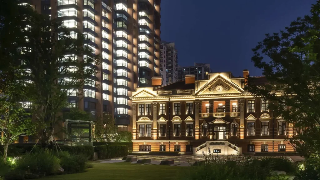 Historic Shanghai building illuminated at night