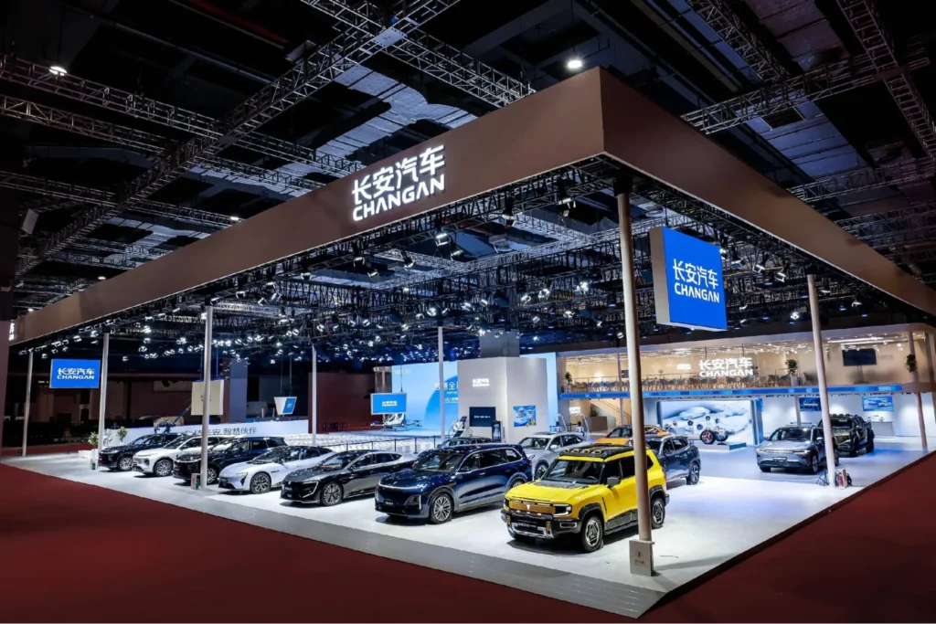 Changan cars displayed at an auto show