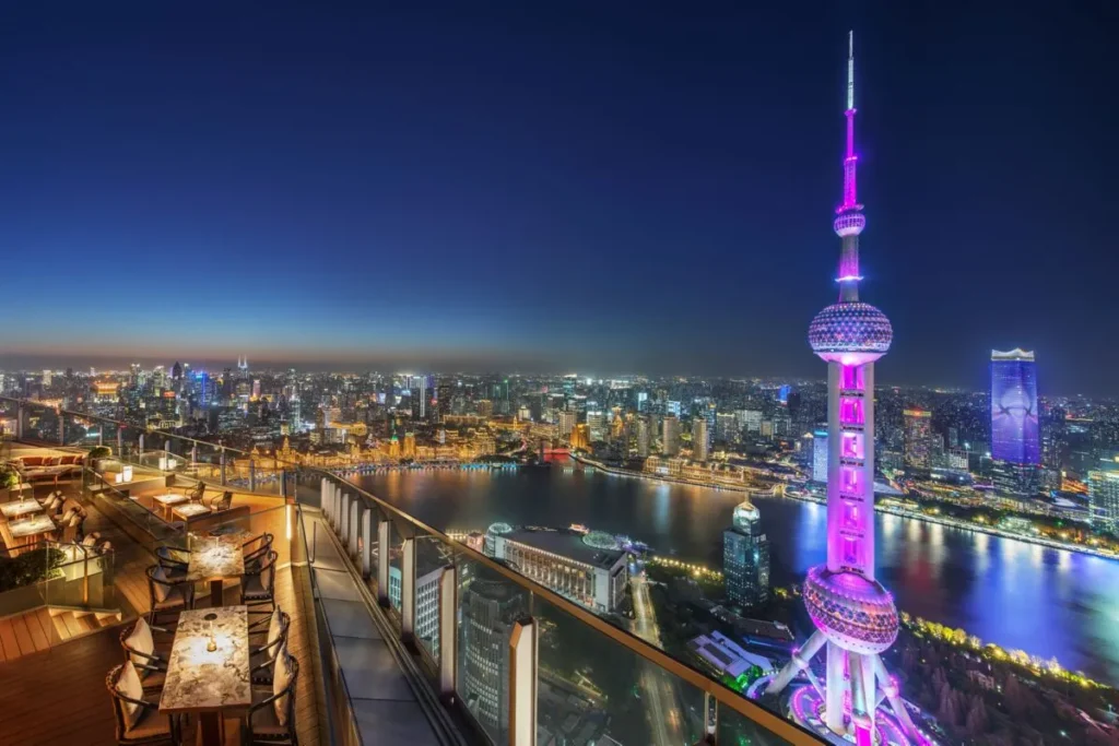Flair rooftop overlooking Oriental Pearl Tower at night