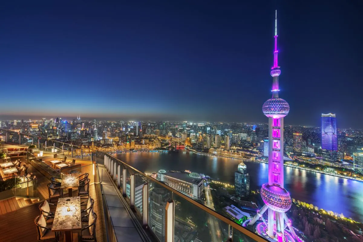 Flair rooftop overlooking Oriental Pearl Tower at night