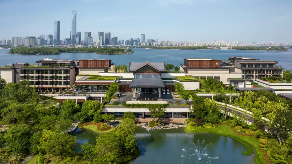 Lakeside luxury resort with gardens and city views