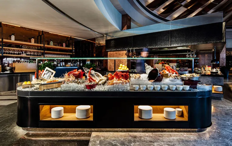 Luxury hotel restaurant with seafood buffet