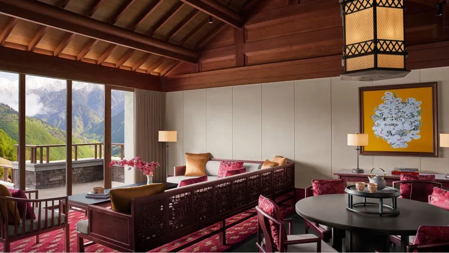 Luxury mountain resort suite with traditional Chinese decor