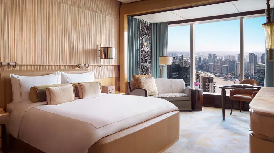 Luxury guest room with panoramic Pudong views